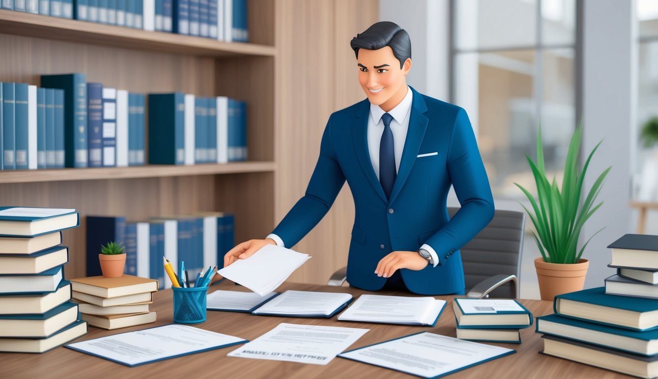 A well-dressed professional in a modern office, surrounded by law books and tax documents, confidently advising a client