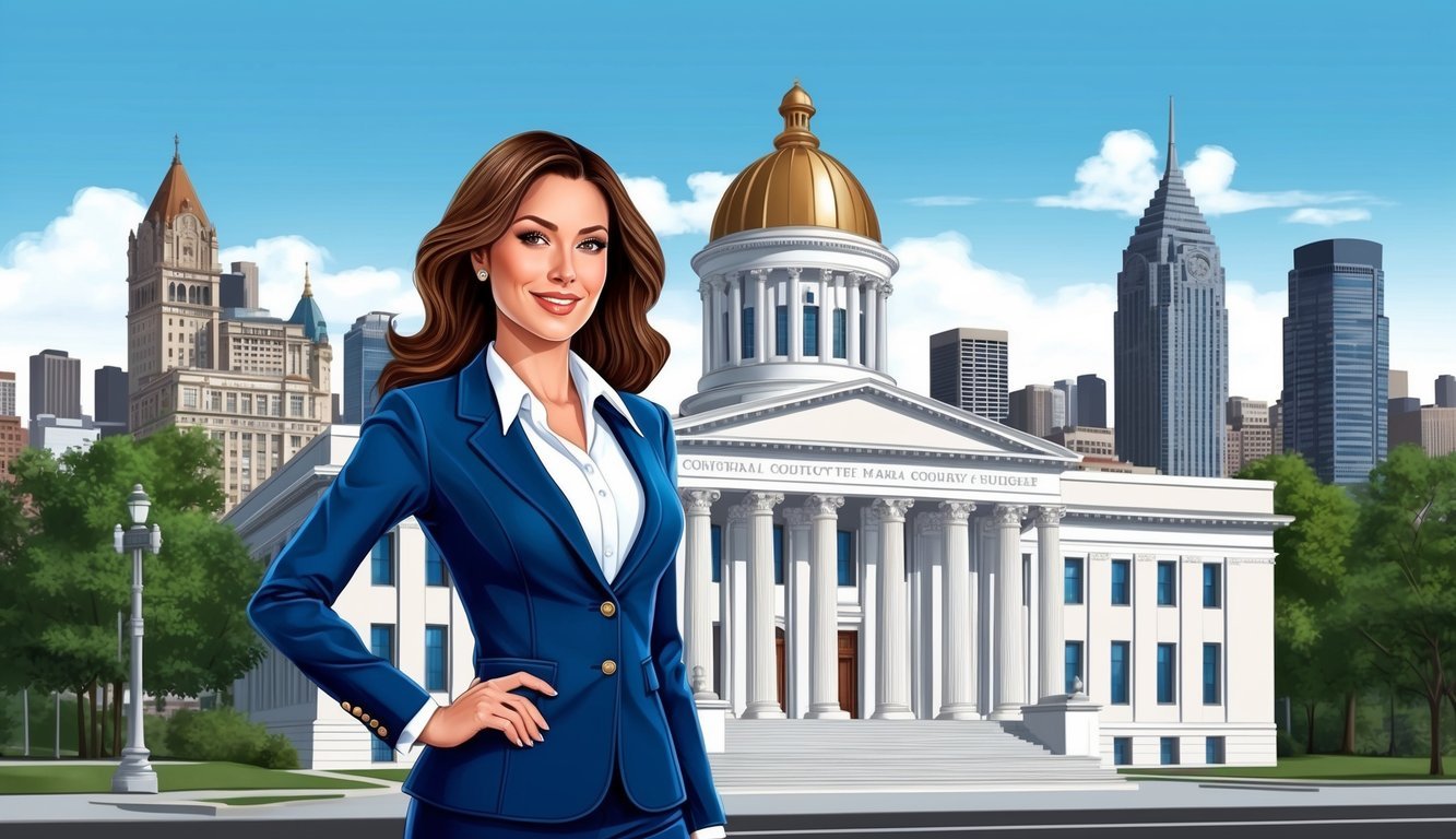 A woman in a professional outfit confidently standing in front of a courthouse with a city skyline in the background