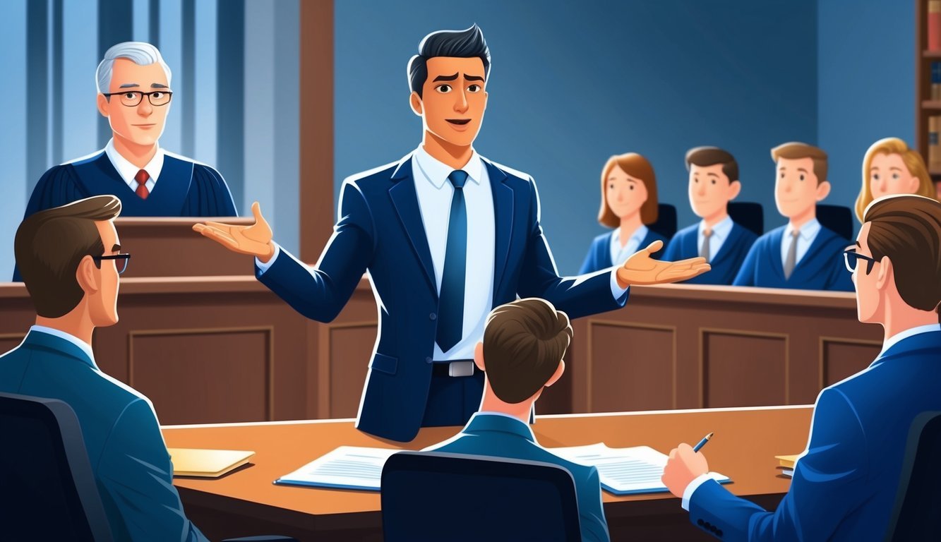 A courtroom with a confident figure presenting a compelling argument to a judge and jury.</p><p>A sense of authority and expertise exudes from the scene