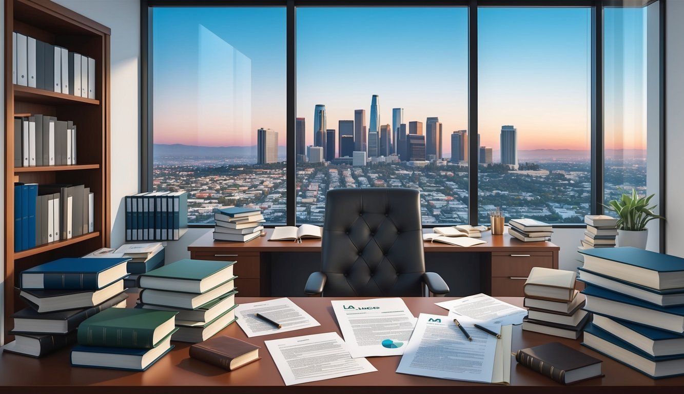 A modern office with a view of the Los Angeles skyline, filled with law books and a desk cluttered with legal documents