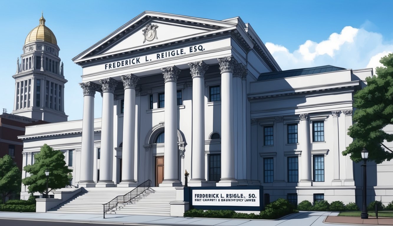 An elegant courthouse building in downtown Philadelphia, with a prominent sign reading "Frederick L. Reigle, Esq. Best chapter 13 bankruptcy lawyer."