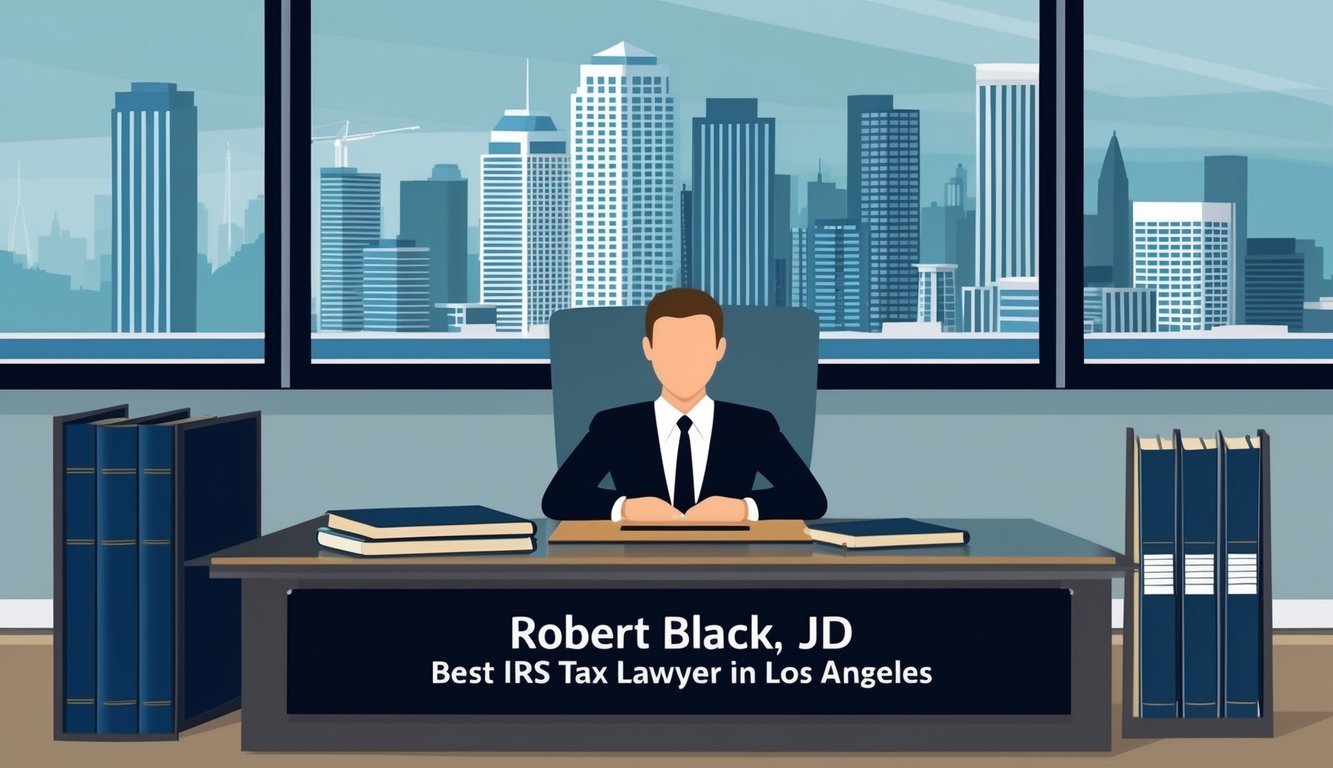 A sleek office with a skyline view, law books, and a desk with a nameplate reading "Robert Black, JD Best IRS tax lawyer in Los Angeles."