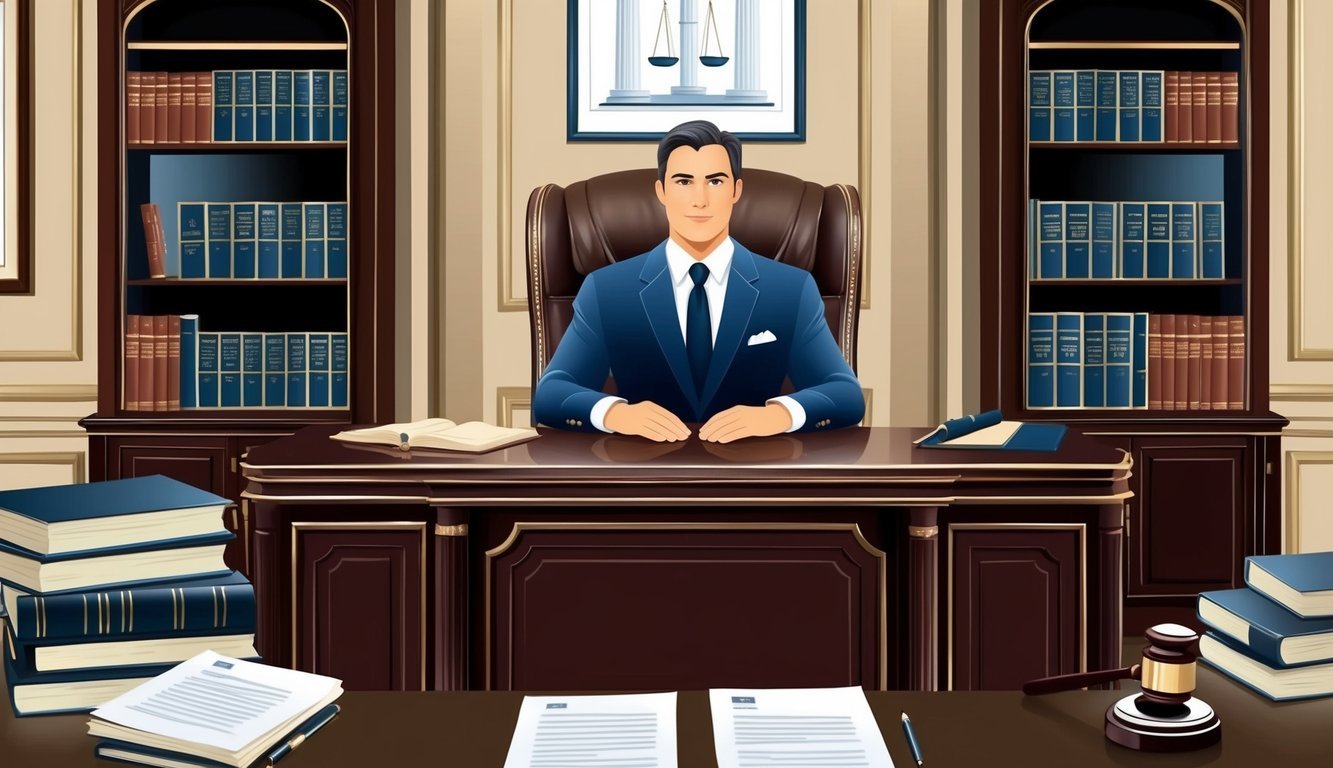 A well-dressed lawyer sits behind a mahogany desk in an elegant office, surrounded by law books and legal documents.</p><p>The room exudes professionalism and expertise