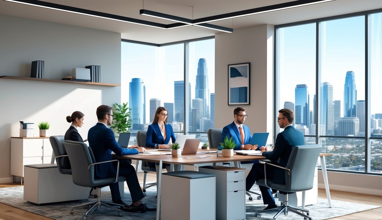 A busy law office with modern decor and a view of downtown Los Angeles.</p><p>A team of lawyers working diligently in their offices