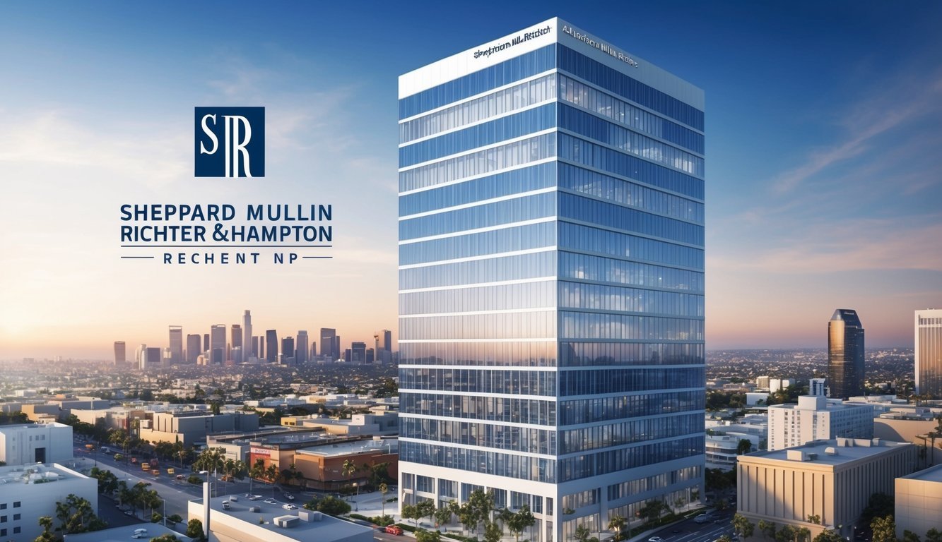 A modern office building with the Sheppard Mullin Richter & Hampton LLP logo prominently displayed, surrounded by the bustling city of Los Angeles