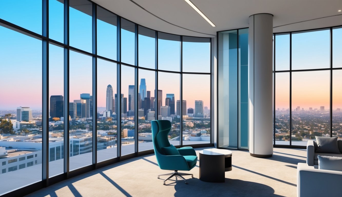 A sleek, modern law office in downtown Los Angeles, with floor-to-ceiling windows and a view of the city skyline