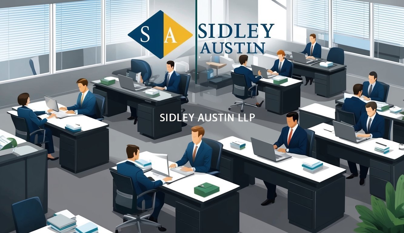 A busy law office with a sleek modern design, filled with lawyers working diligently at their desks.</p><p>The atmosphere is professional and focused, with the logo of Sidley Austin LLP prominently displayed