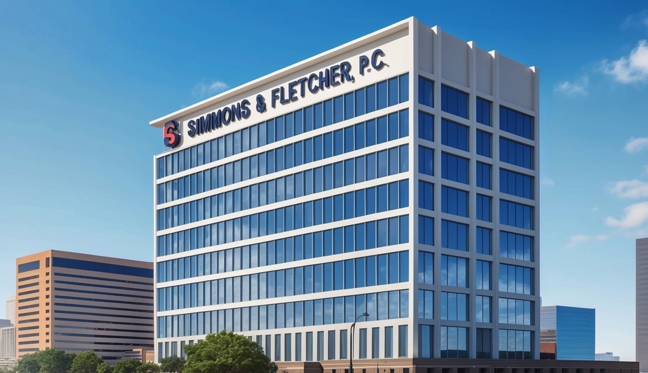 A large, modern office building in downtown Houston with a prominent sign reading "Simmons & Fletcher, P.C." stands tall against a clear blue sky