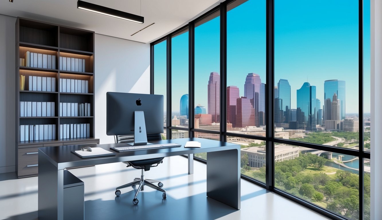 A modern office with a sleek desk and computer, shelves of legal books, and a large window overlooking the Houston skyline