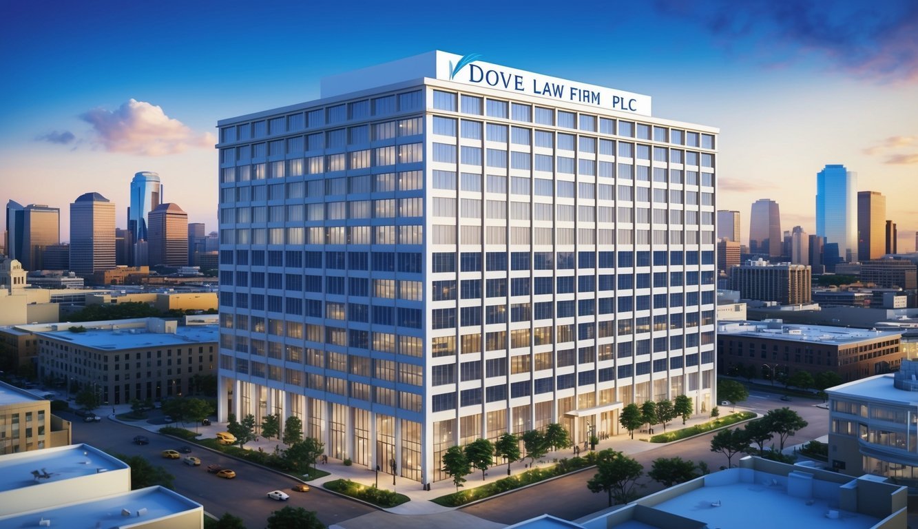 A modern office building with the sign "Dove Law Firm, PLLC" prominently displayed, surrounded by the bustling city of Houston