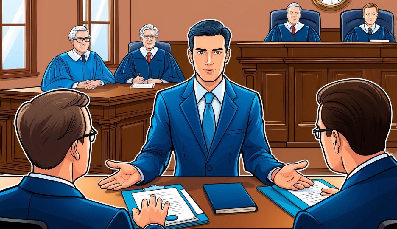 A courtroom scene with a lawyer presenting a case to a judge and jury.</p><p>The lawyer is confident and professional, exuding expertise and knowledge in bankruptcy law