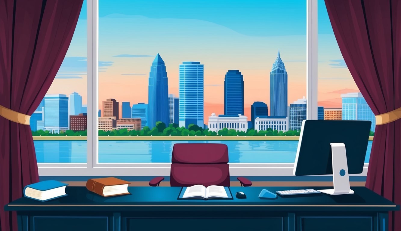 A lawyer's office with a desk, computer, and law books.</p><p>Atlanta skyline visible through the window