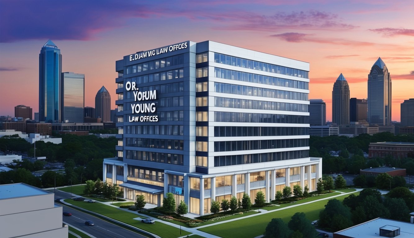 A modern office building with the sign "E. Orum Young Law Offices" prominently displayed, set against the Atlanta skyline