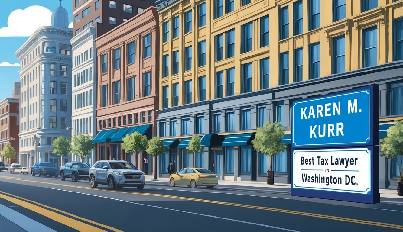 A bustling city street with a prominent law office building and a sign that reads "Karen M. Kurr Best tax lawyer in Washington DC."