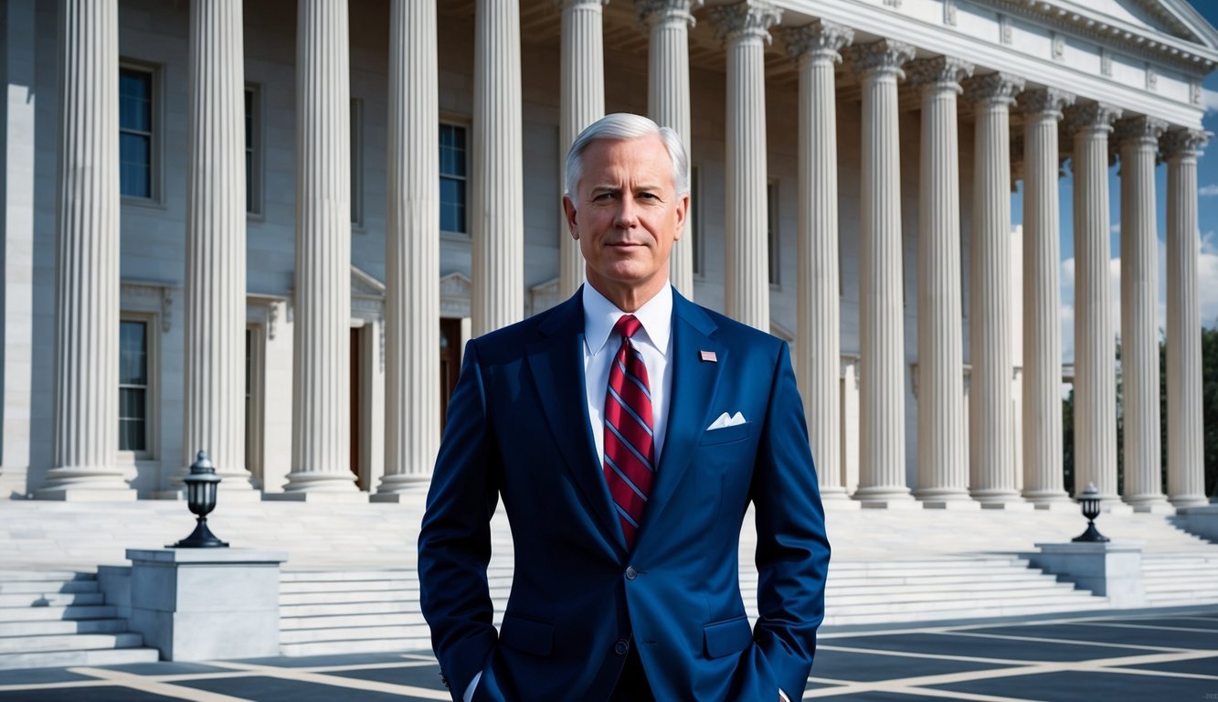 A confident figure in a sharp suit stands before the grand columns of a government building in Washington DC