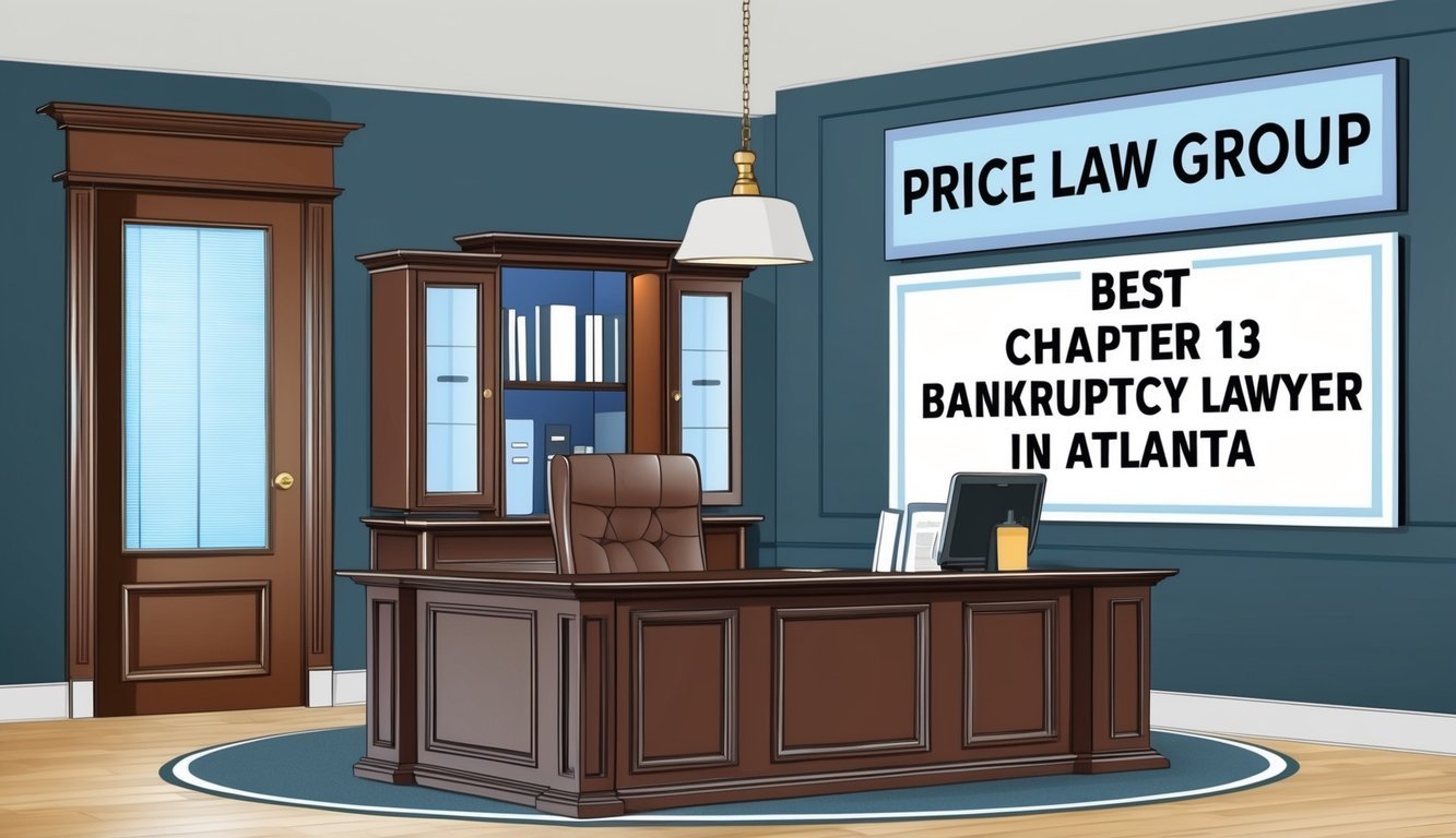 A lawyer's office with a sign reading "Price Law Group Best chapter 13 bankruptcy lawyer in Atlanta" prominently displayed