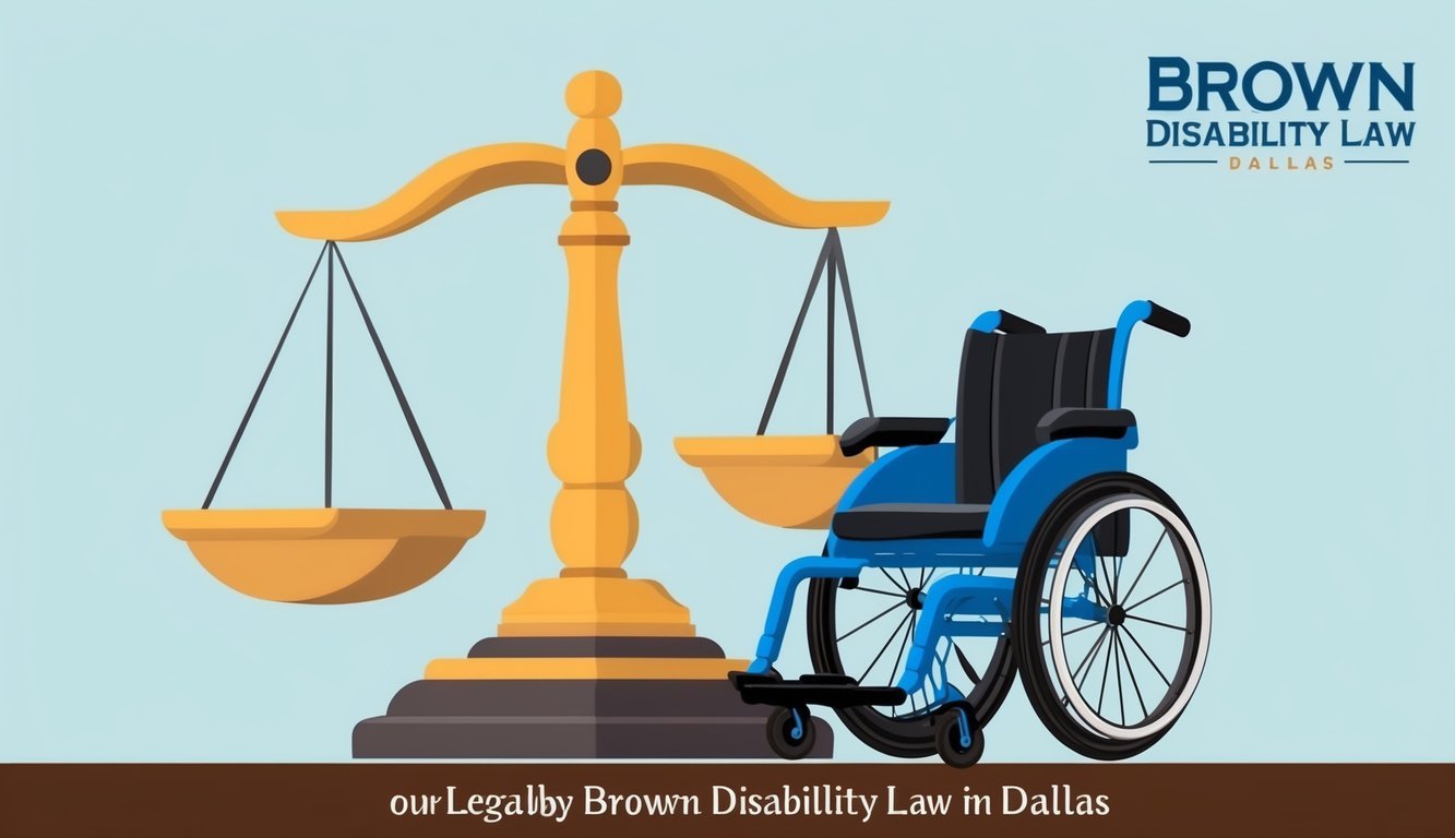 A scale representing justice with a gavel and a wheelchair symbolizing the legal support and advocacy provided by Brown Disability Law in Dallas