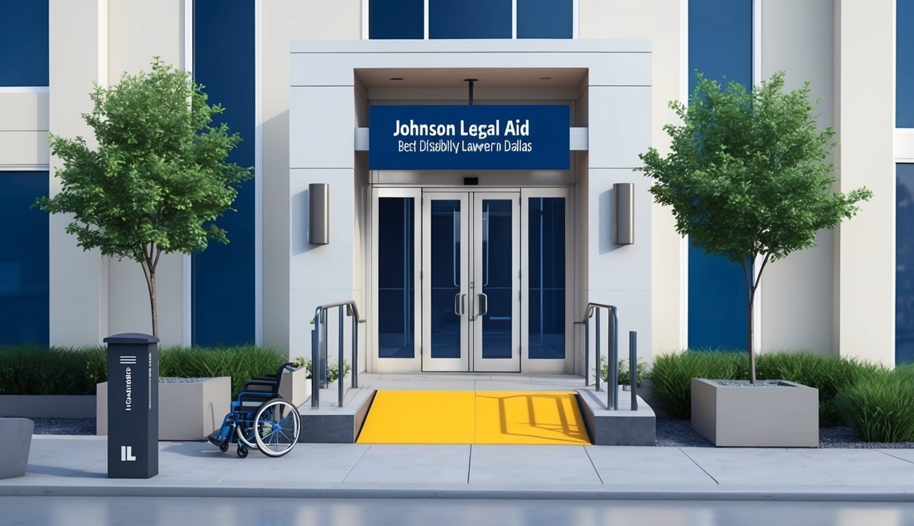 A modern law office in downtown Dallas with a sign reading "Johnson Legal Aid - Best disability lawyer in Dallas."