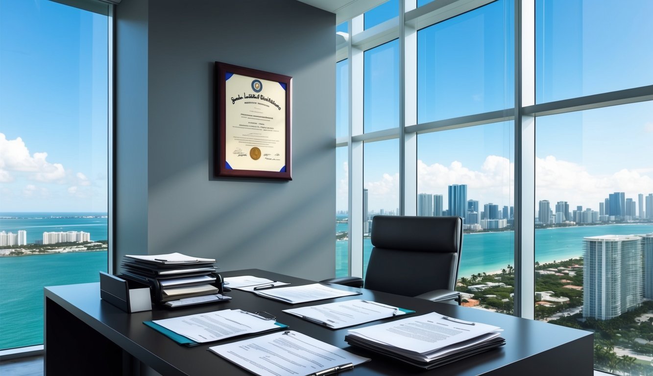 A sleek, modern office with floor-to-ceiling windows overlooking the Miami skyline.</p><p>A desk cluttered with legal documents and a prestigious law degree displayed on the wall