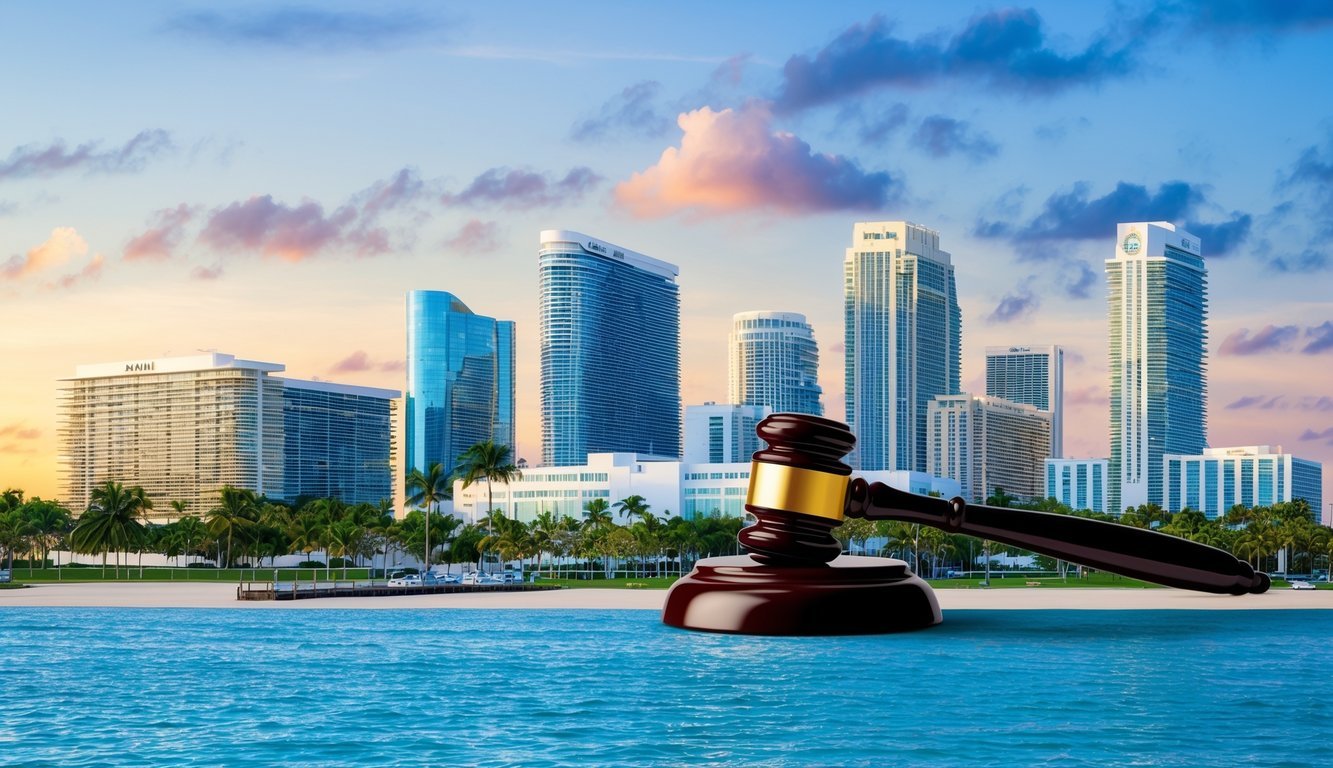 A Miami skyline with a prominent law office building and a gavel symbolizing Jane Smith's expertise in tax law