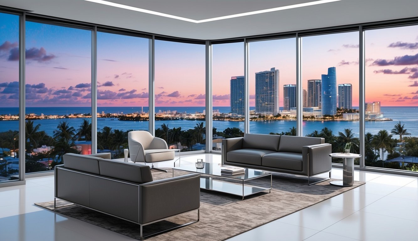 A sleek office with modern furnishings and a view of the Miami skyline