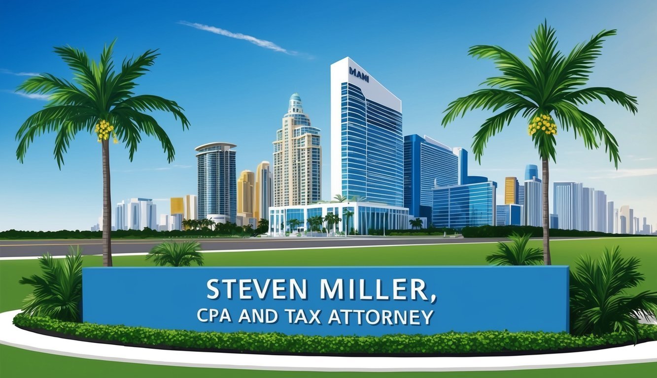 A Miami skyline with a prominent law office building, palm trees, and a sign reading "Steven Miller, CPA and Tax Attorney."