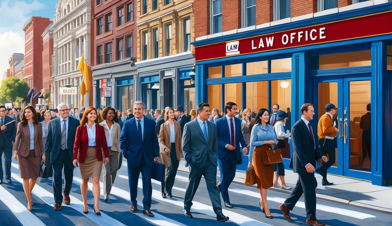 A bustling city street with a prominent law office sign and a crowd of people passing by