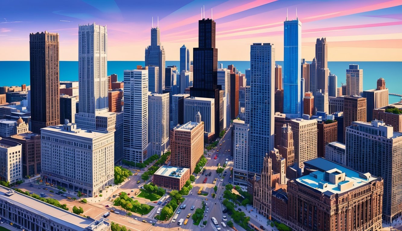 A bustling Chicago cityscape with towering skyscrapers and busy streets, showcasing the vibrant energy and professional atmosphere of the city