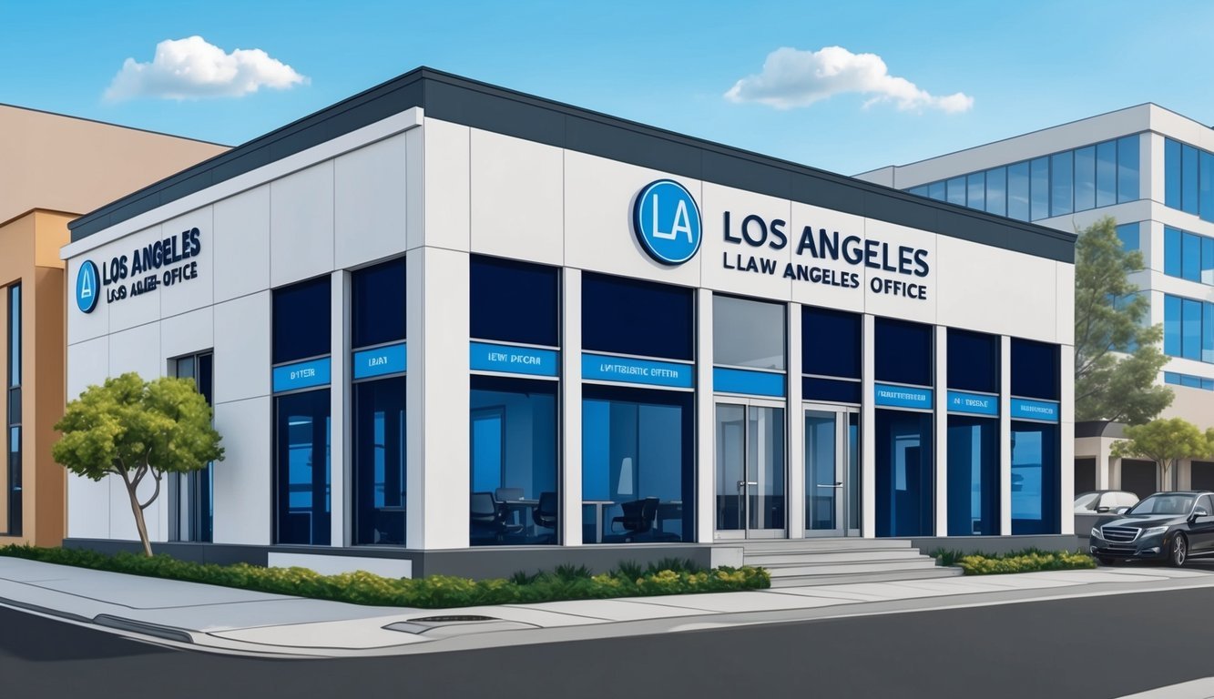 A busy Los Angeles law office with a modern exterior and professional signage