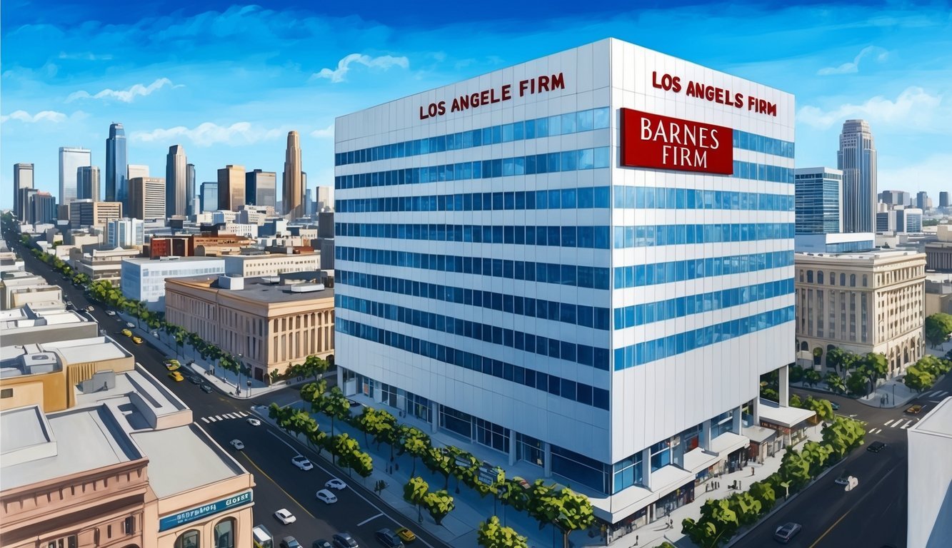 A bustling Los Angeles cityscape with prominent Barnes Firm signage on a sleek office building