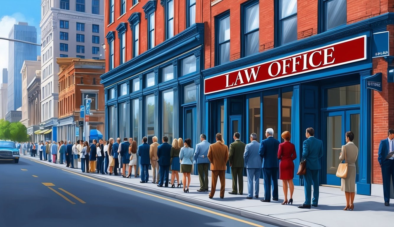 A bustling city street with a prominent law office sign and a line of people waiting outside