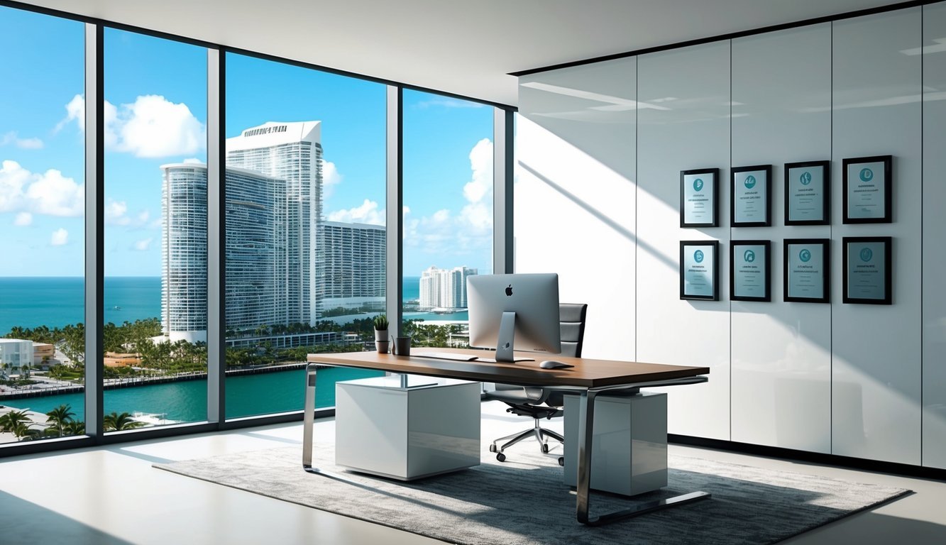 A sleek modern office with a view of downtown Miami, complete with a desk, computer, and professional awards on the wall