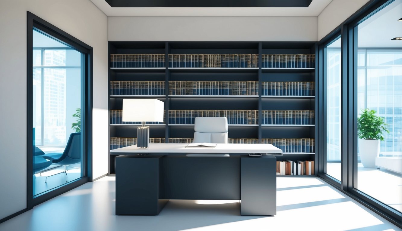 A sleek office with modern decor, a large desk, and a wall of law books.</p><p>Bright natural light streams in through the windows, creating a professional and welcoming atmosphere