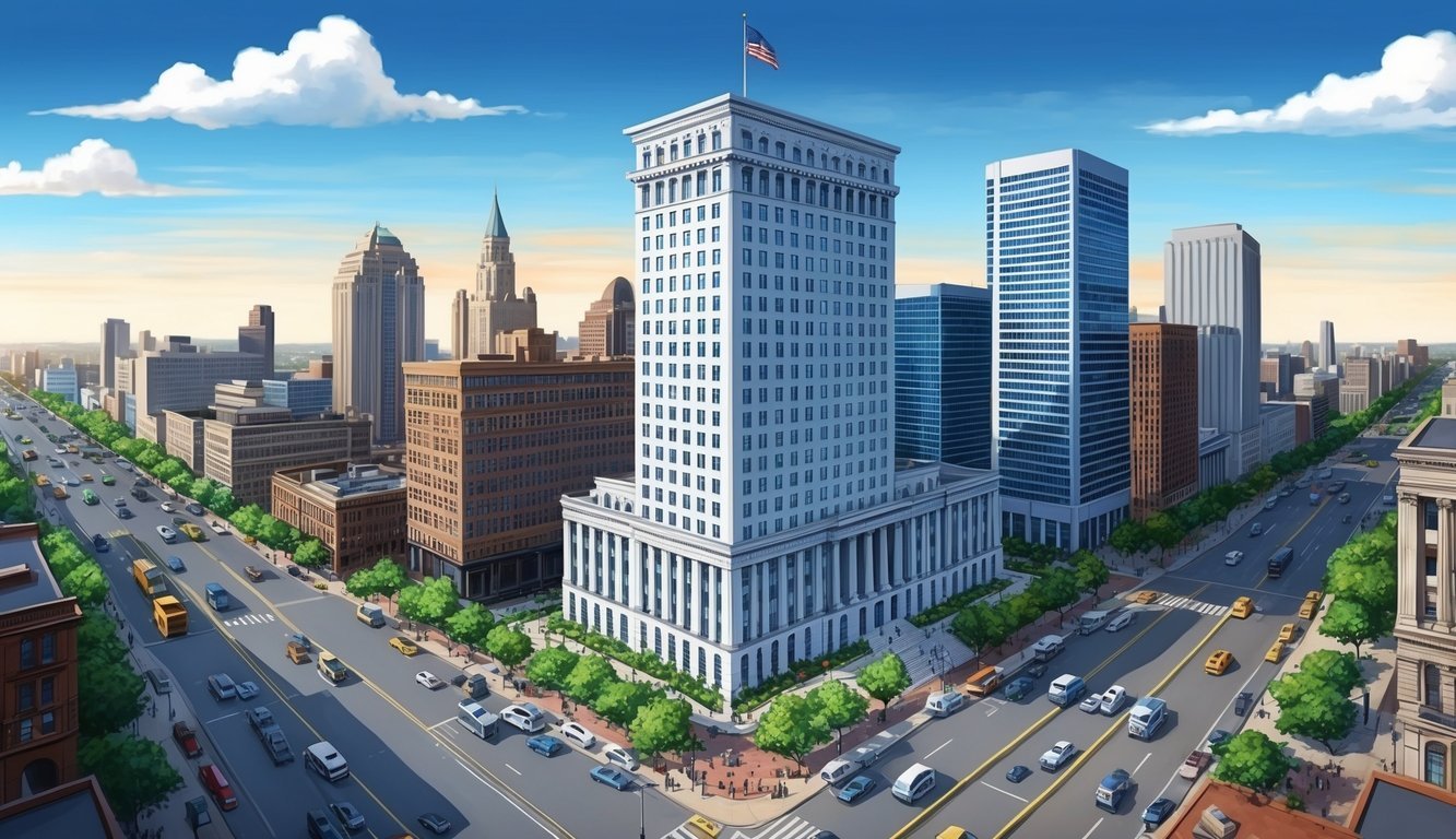 A city skyline with a prominent law office building, surrounded by bustling streets and busy traffic