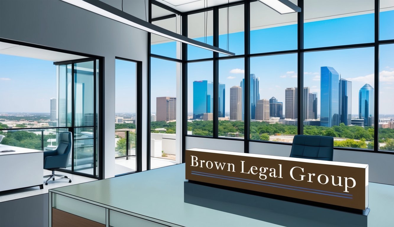 A sleek office with modern decor and large windows overlooking the Dallas skyline.</p><p>A sign with the company name "Brown Legal Group" is prominently displayed