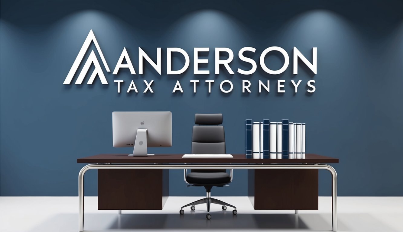 A modern office with a sleek desk, computer, and legal books.</p><p>The logo "Anderson Tax Attorneys" prominently displayed on the wall