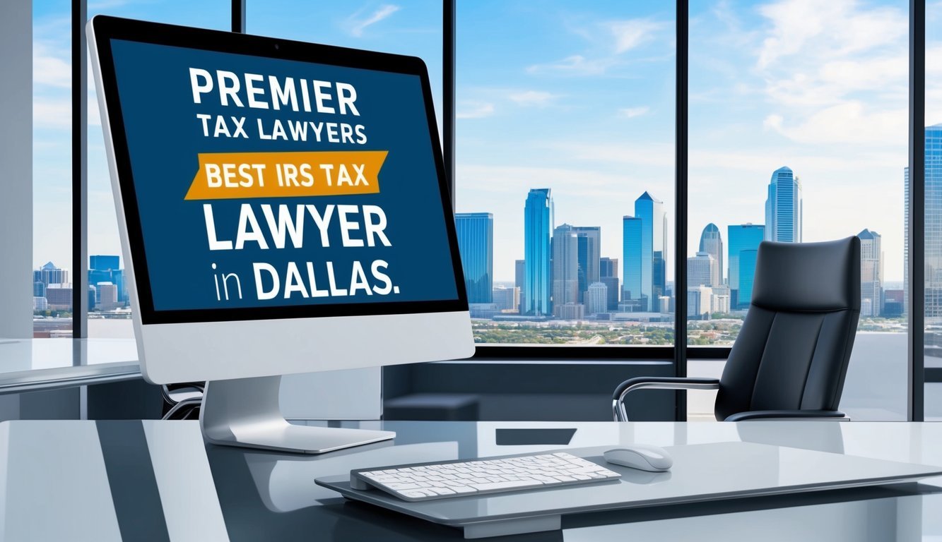 A modern office with sleek furniture and a city skyline in the background.</p><p>A computer screen displays "Premier Tax Lawyers Best IRS tax lawyer in Dallas."