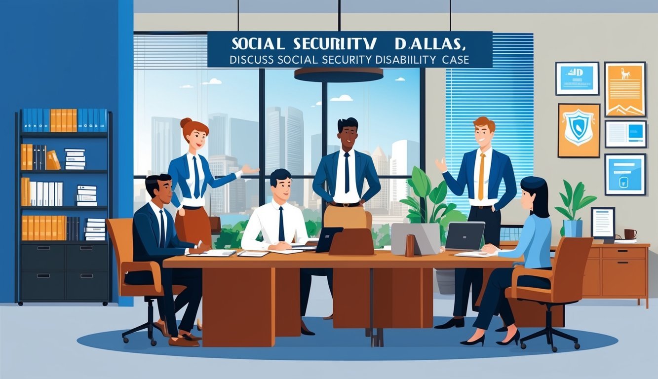 A bustling law office in Dallas, with busy staff and clients discussing social security disability cases in a modern, professional setting