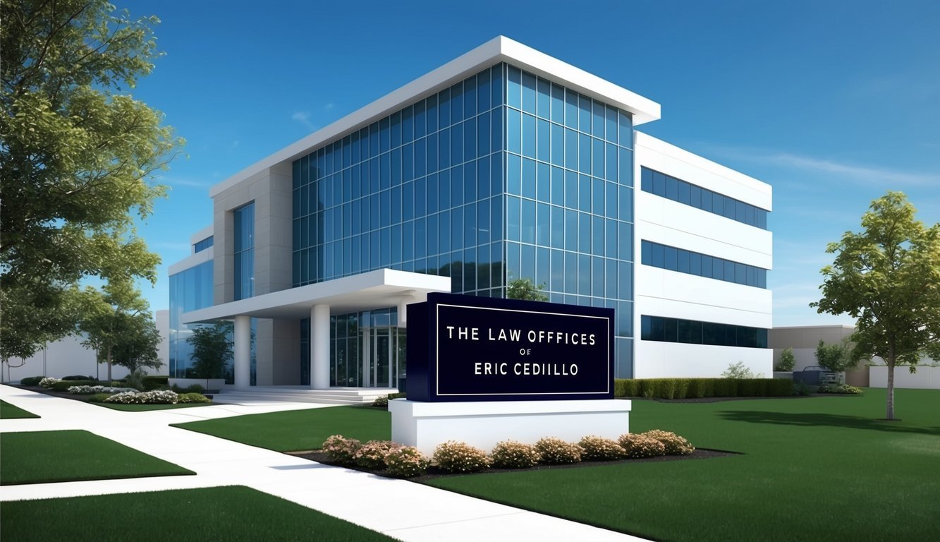 A sleek, modern office building with the Law Offices of Eric Cedillo sign prominently displayed