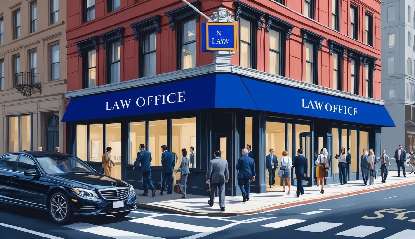 A bustling city street with a prominent law office sign and people entering and exiting the building