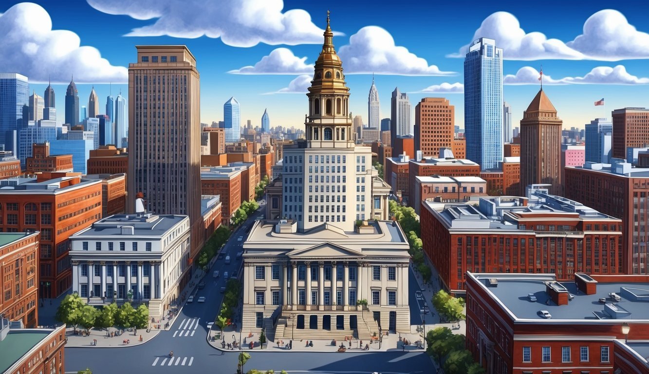 A bustling Philadelphia cityscape with a prominent law office building