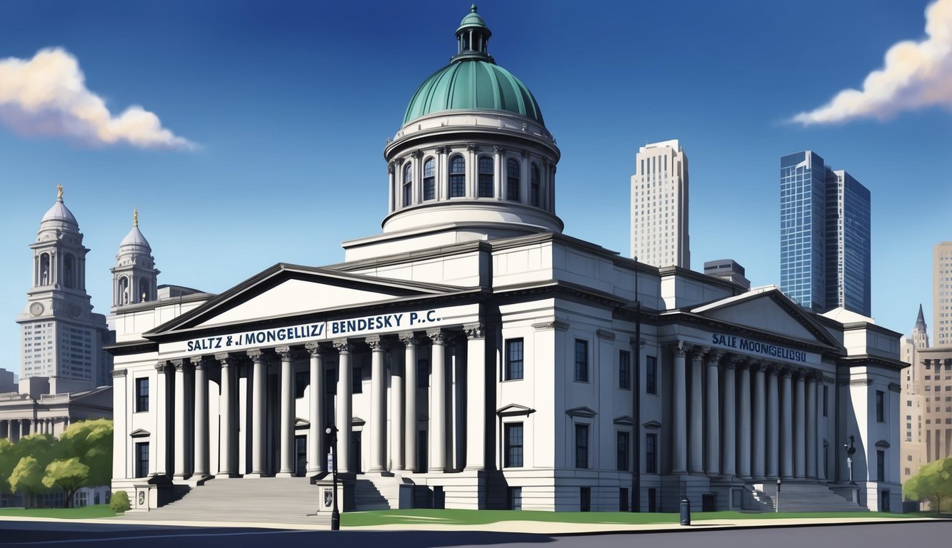 A grand courthouse in Philadelphia with a prominent sign for Saltz Mongeluzzi Bendesky P.C. stands tall against the city skyline