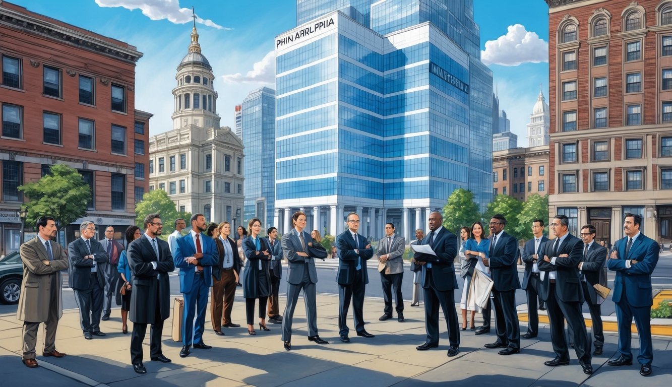 A bustling Philadelphia cityscape with a towering corporate building and a group of people gathered outside, looking determined and ready to take legal action