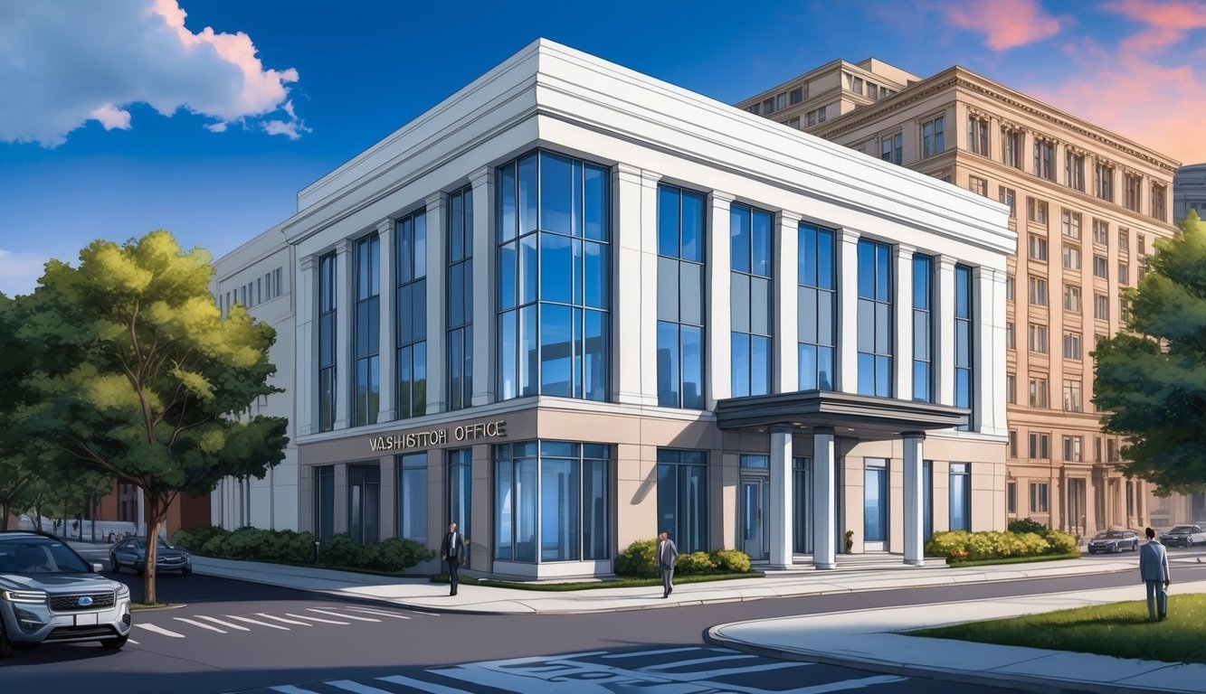 A modern law office in Washington DC with a prominent sign and professional exterior