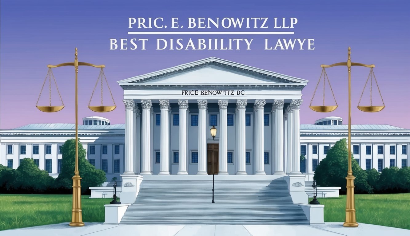 A grand courthouse in Washington DC, with the iconic pillars and law scales, representing Price Benowitz LLP as the best disability lawyer