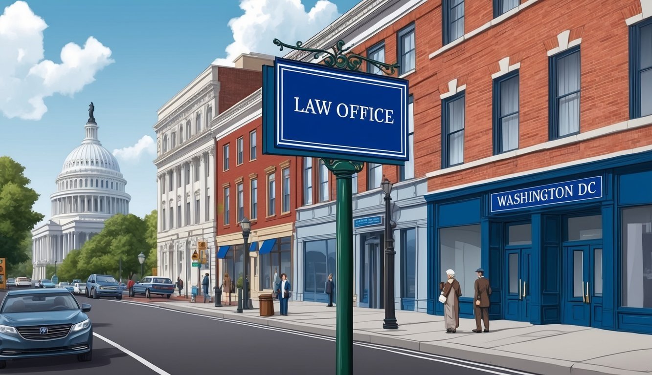 A bustling Washington DC street with a prominent law office sign