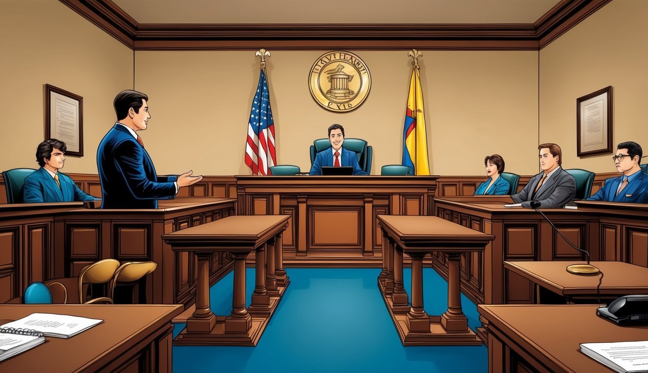 A courtroom in Phoenix, with a lawyer presenting a case against a company