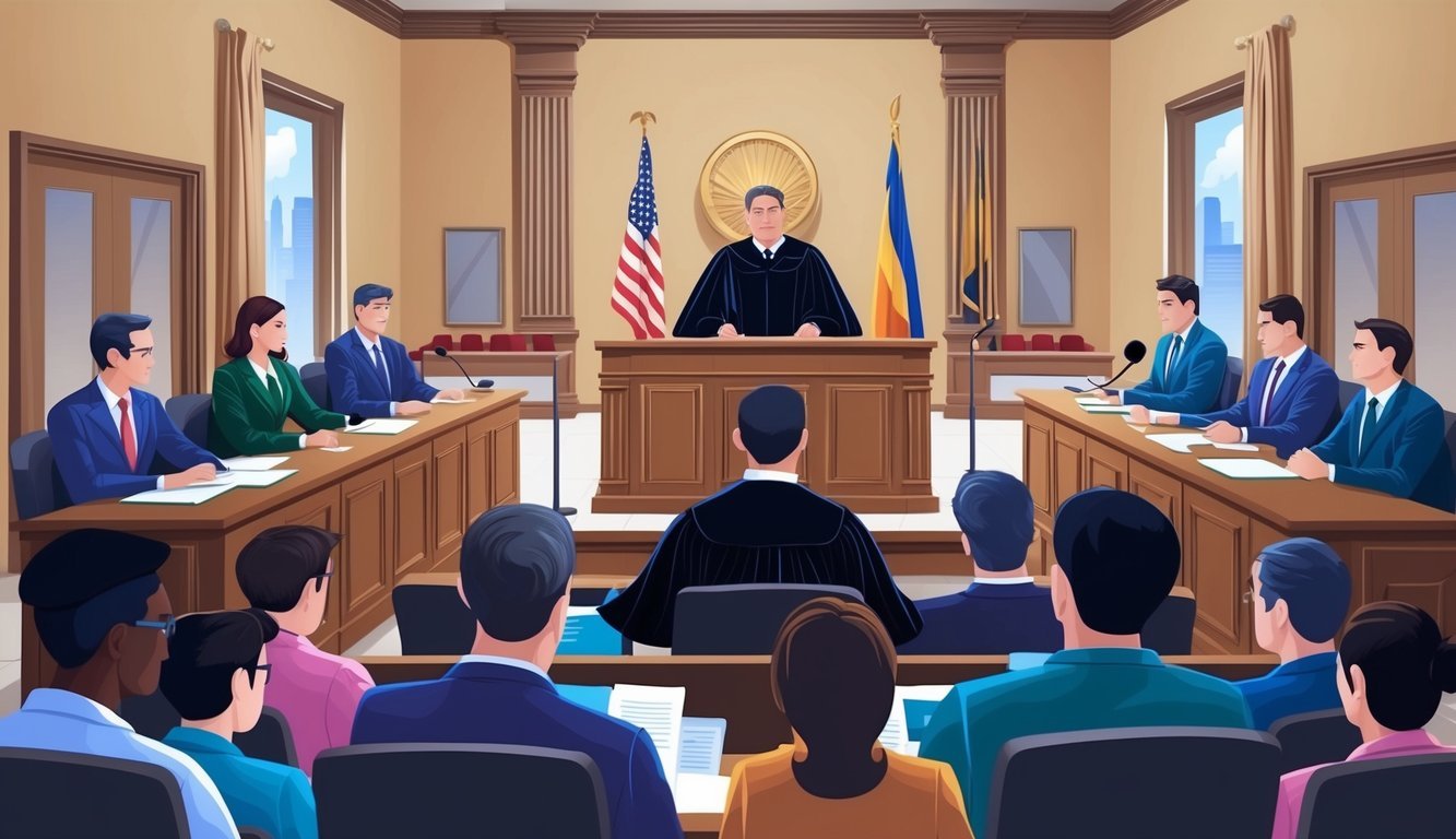 A courtroom in Phoenix, with a judge presiding over a legal case against a company.</p><p>Lawyers present evidence and arguments, while the jury listens attentively