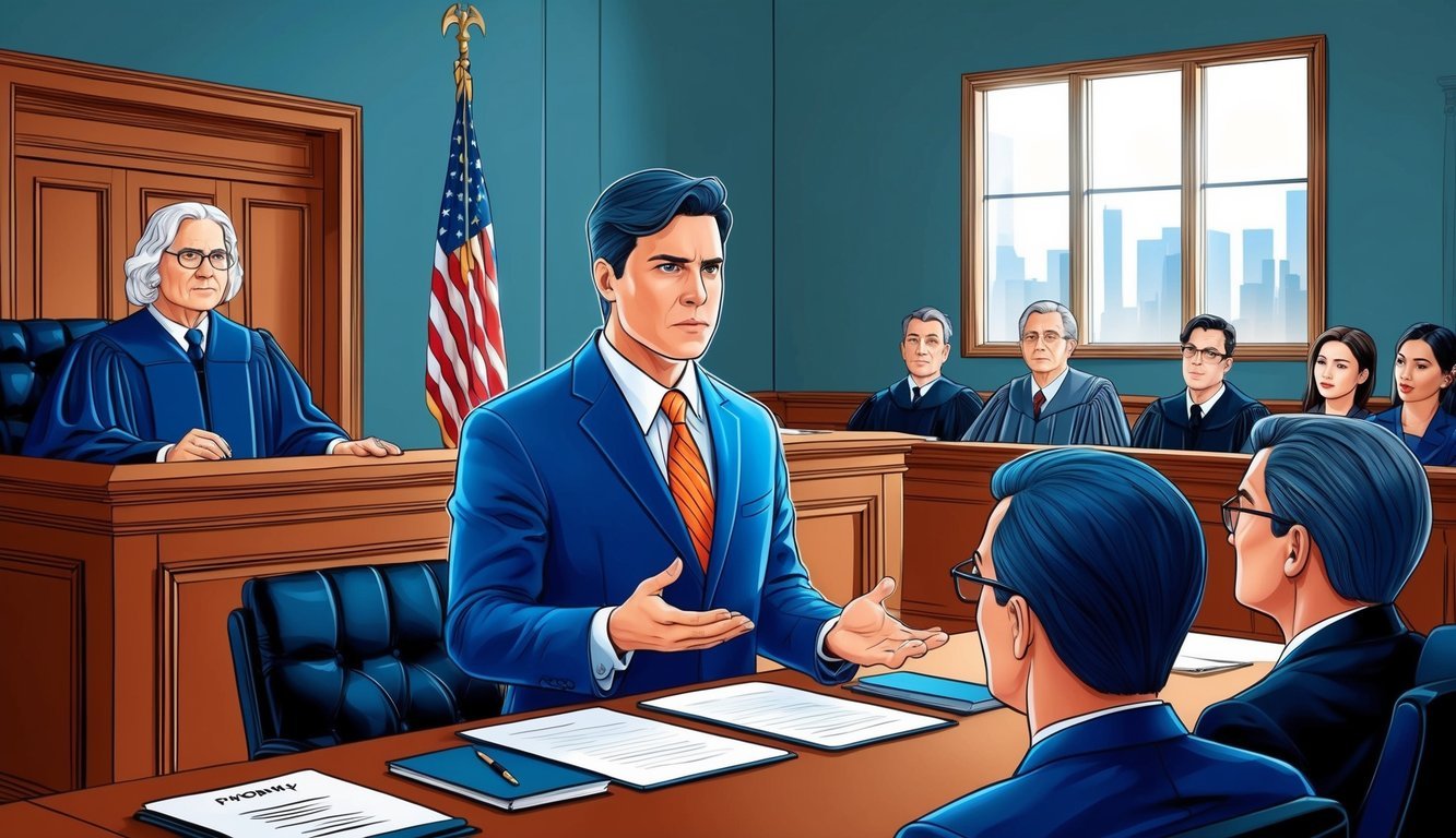 A lawyer in a courtroom in Phoenix presenting a case against a company, with a judge and jury listening attentively