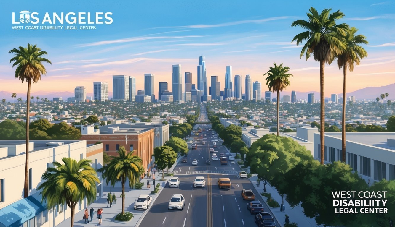 A bustling Los Angeles cityscape with the iconic skyline and palm trees, featuring the West Coast Disability Legal Center office building